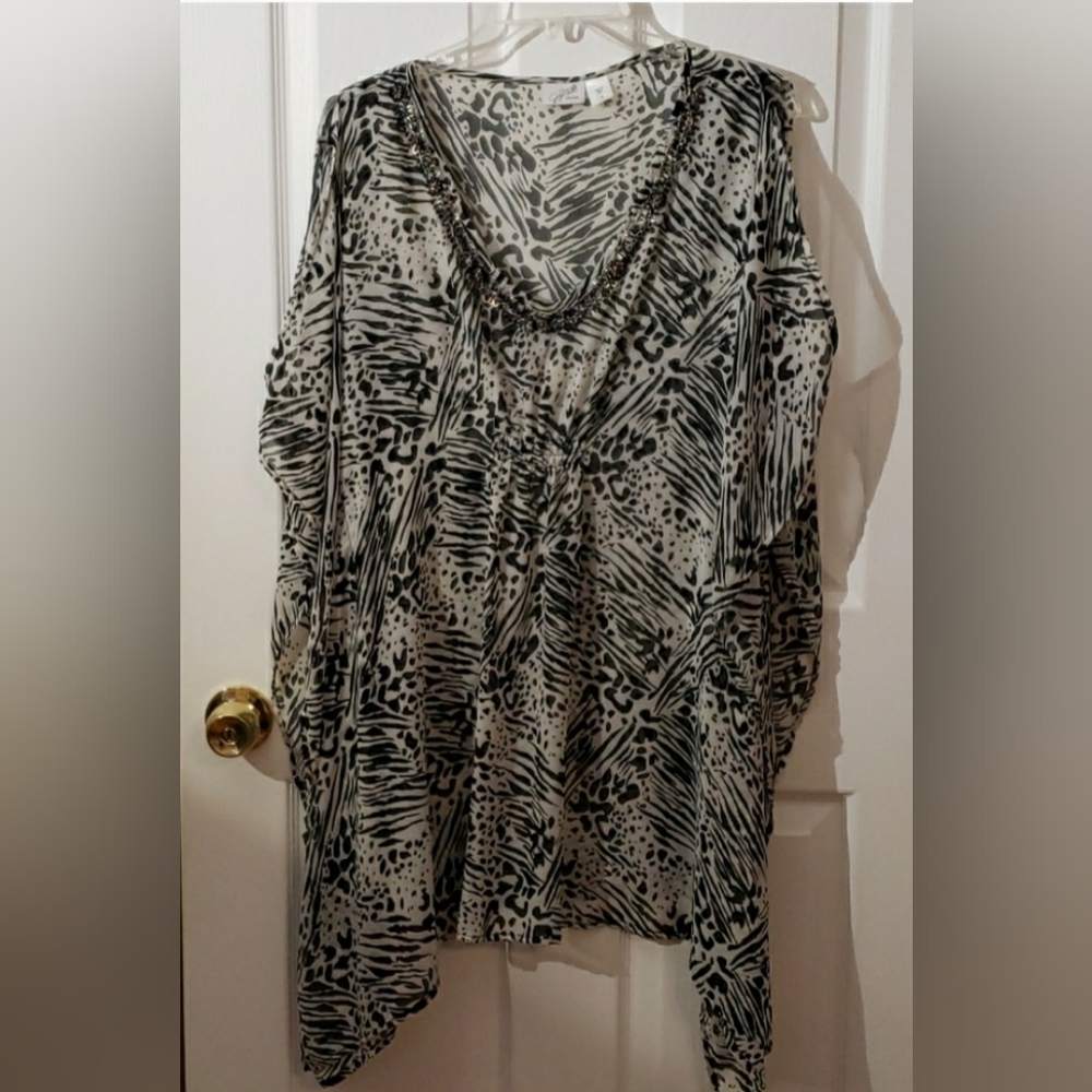 Animal Print Beaded Bling Sheer Top Swim Coverup Blouse Top Size Small  NWOT
